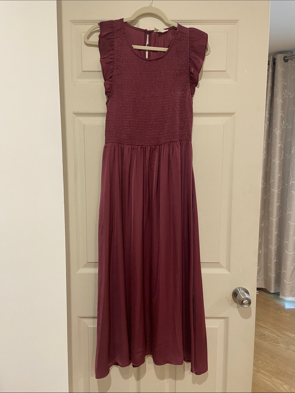 MELLODAY Burgundy Smocked Maxi Dress with Ruffle Sleeves